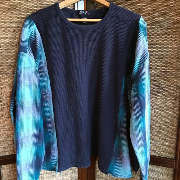 Reworked Flannel Tee, Size L-2XL: Upcycled Unisex Oversized Waffle Knit Shirt - Picture 6 of 8